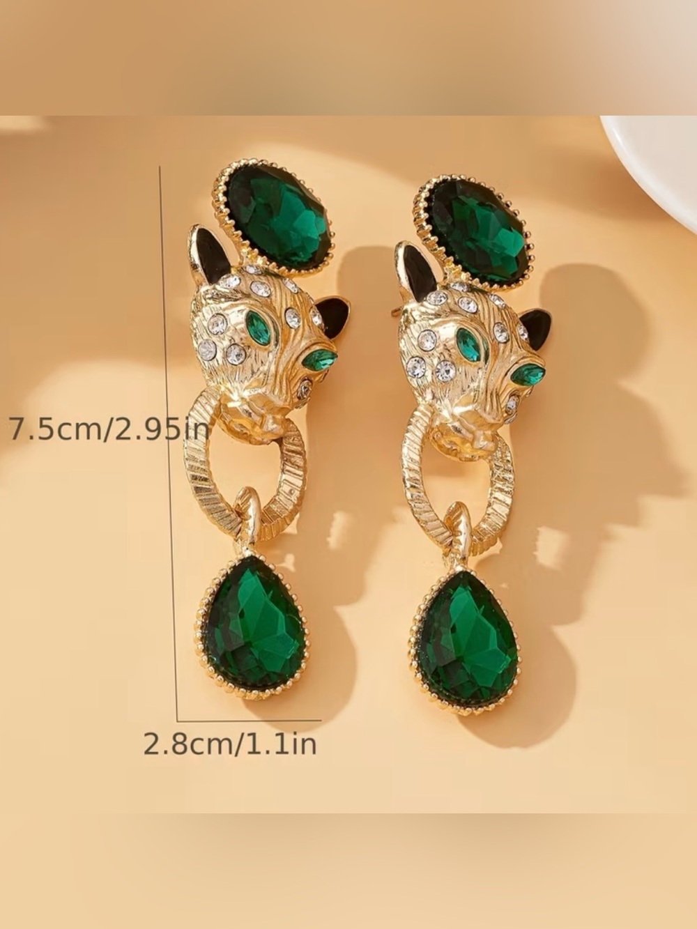 NEW! Luxury Gold Leopard Head Drop Earrings with Emerald Green Crystals 🐆 B2-99 - Picture 6 of 6
